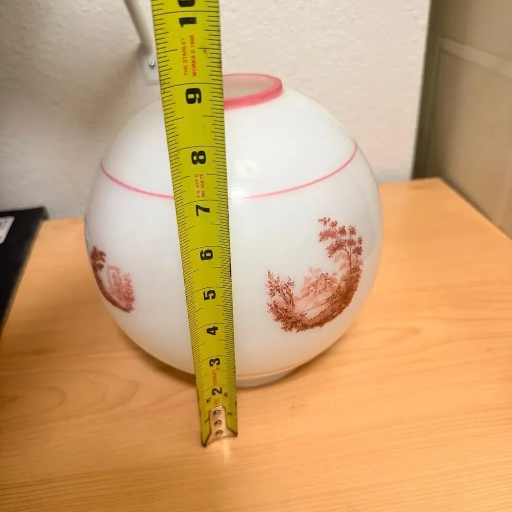 Victorian Antique Milk Glass Globe Lamp Shade w/ Pink Transfer Design